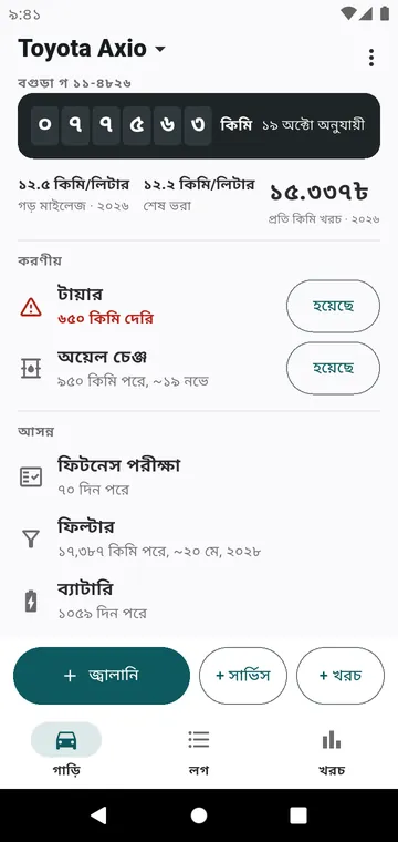 গাড়ি স্ক্রিন: ওডোমিটার, মাইলেজ, প্রতি km খরচ, কী বাকি
