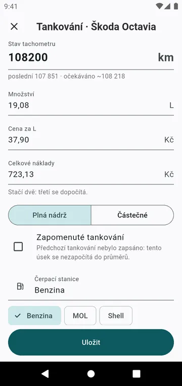 Tankování: tachometr, množství, cena, plná nádrž nebo částečné