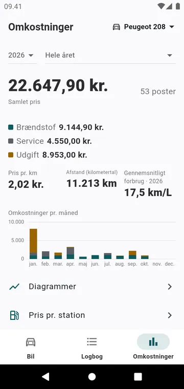 Årets omkostninger, efter type og pr. måned, og prisen pr. kilometer