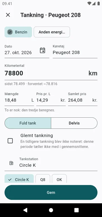 En tankning: kilometertal, mængde, pris, fuld tank eller delvis