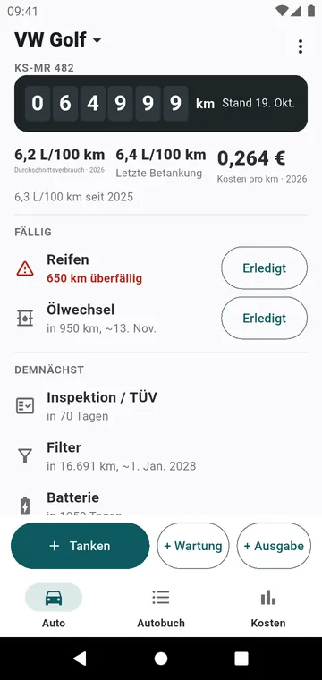 Der Bildschirm Auto: Kilometerstand, Verbrauch, Kosten pro km, was fällig ist
