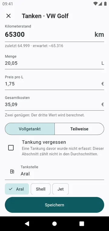 Eine Tankung: Kilometerstand, Menge, Preis, vollgetankt oder teilweise