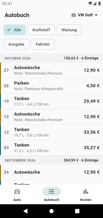 Das Autobuch: Tankungen, Wartungen und Ausgaben Monat für Monat