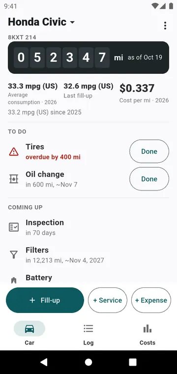 The Car screen: odometer, consumption, cost per mile, what is due