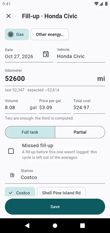 A fill-up: odometer, volume, price, full tank or partial