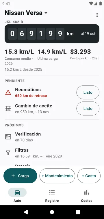 La pantalla Auto: odómetro, rendimiento, costo por km, lo que toca