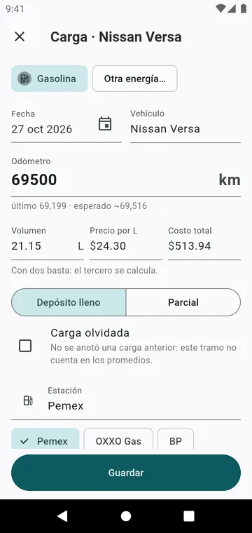 Una carga: odómetro, volumen, precio, tanque lleno o parcial