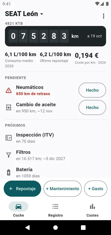La pantalla Coche: cuentakilómetros, consumo, coste por km, lo que toca