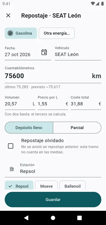 Un repostaje: cuentakilómetros, volumen, precio, depósito lleno o parcial