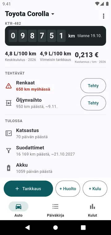 Auto-näkymä: mittarilukema, kulutus, kustannus per km, mikä on edessä