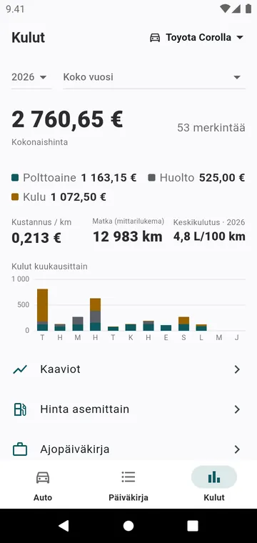 Vuoden kulut tyypeittäin ja kuukausittain sekä kustannus per kilometri