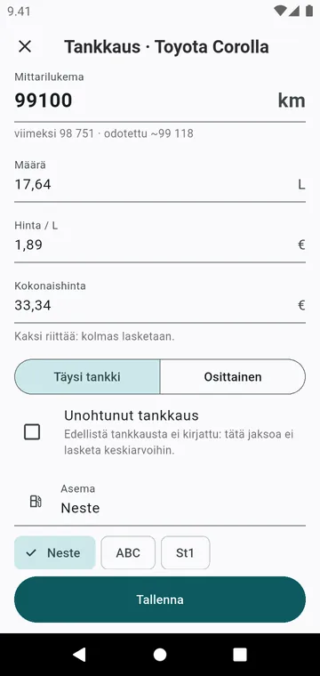 Tankkaus: mittarilukema, määrä, hinta, täysi tankki tai osittainen