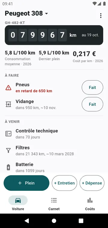 L'écran Voiture : compteur, consommation, coût au km, ce qui est dû
