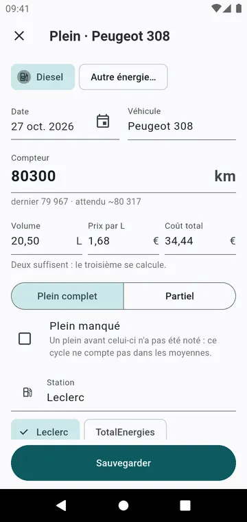Un plein : compteur, volume, prix, plein complet ou partiel