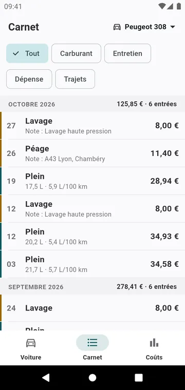 Le carnet : pleins, entretiens et dépenses mois par mois