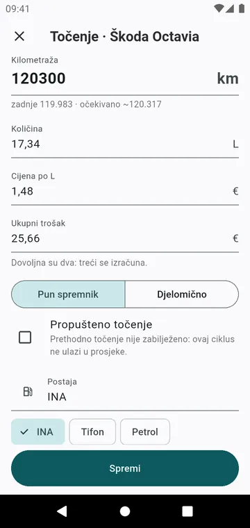 Točenje: kilometraža, količina, cijena, pun spremnik ili djelomično