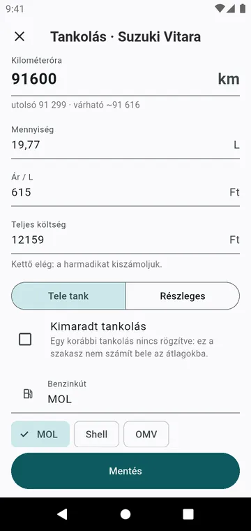 Egy tankolás: kilométeróra, mennyiség, ár, tele tank vagy részleges