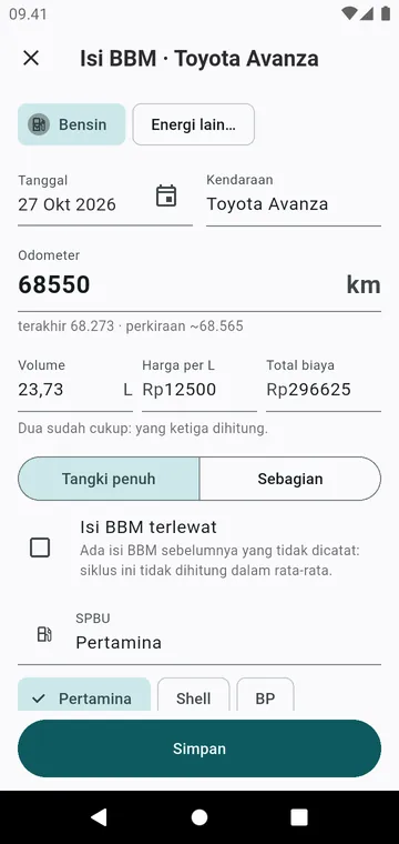 Isi BBM: odometer, volume, harga, tangki penuh atau sebagian