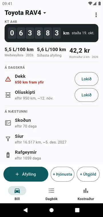 Skjárinn Bíll: kílómetrastaða, eyðsla, kostnaður á km, það sem er á gjalddaga