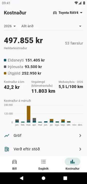 Kostnaður ársins, eftir tegund og mánuði, og kostnaðurinn á kílómetra