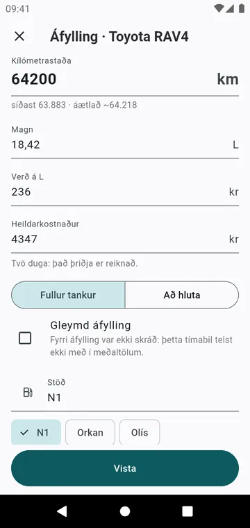 Áfylling: kílómetrastaða, magn, verð, fullur tankur eða að hluta