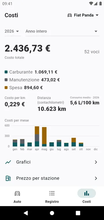 I costi dell'anno, per tipo e per mese, e il costo al chilometro