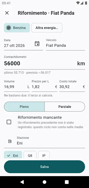 Un rifornimento: contachilometri, volume, prezzo, pieno o parziale