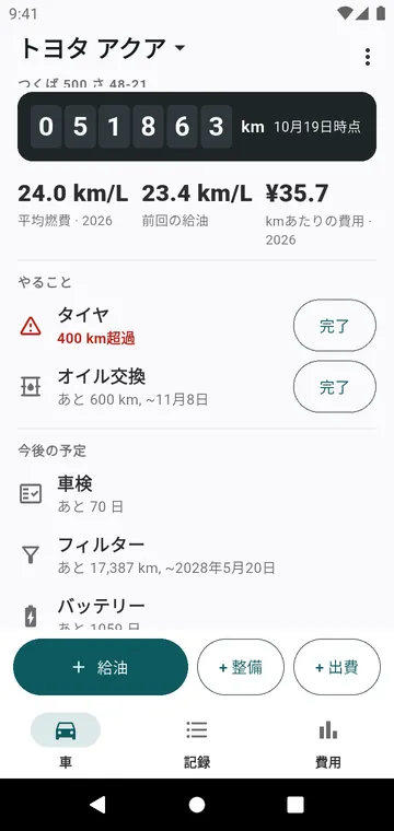 車画面：走行距離計、燃費、1kmあたりの費用、期限の来た整備