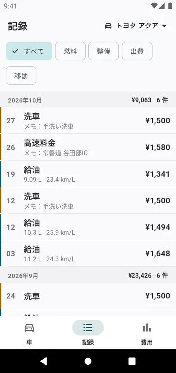 記録：給油、整備、出費を月ごとに
