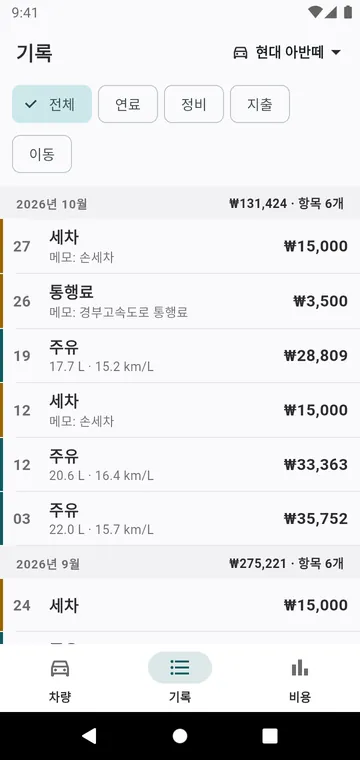 기록: 주유, 정비, 지출을 월별로