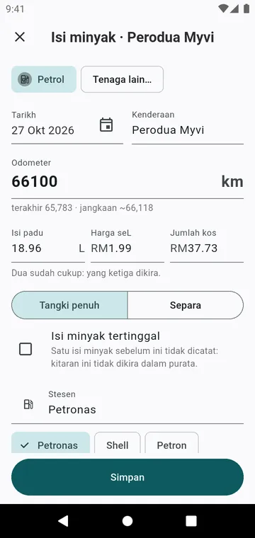 Isian minyak: odometer, isi padu, harga, tangki penuh atau separa