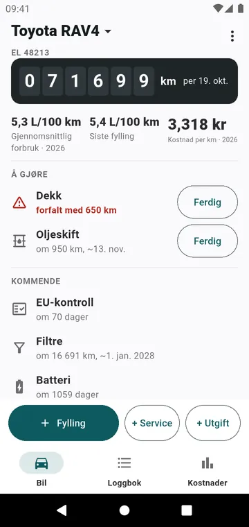 Skjermen Bil: kilometerstand, forbruk, kostnad per km, det som forfaller