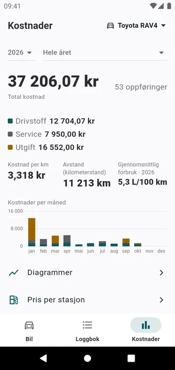 Årets kostnader, etter type og per måned, og kostnaden per kilometer