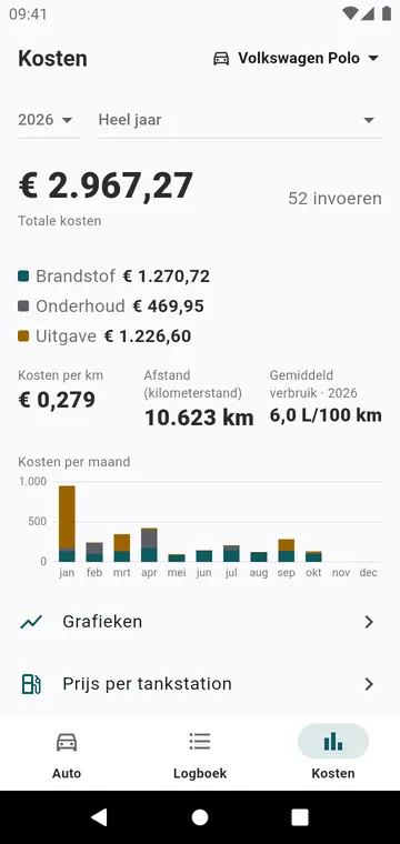De kosten van het jaar, per soort en per maand, en de kosten per kilometer