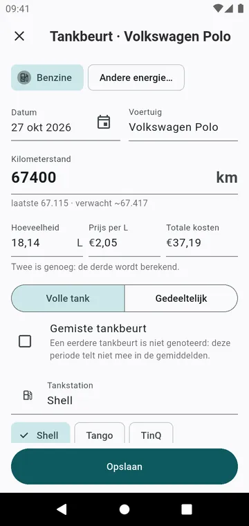 Een tankbeurt: kilometerstand, hoeveelheid, prijs, volle tank of gedeeltelijk