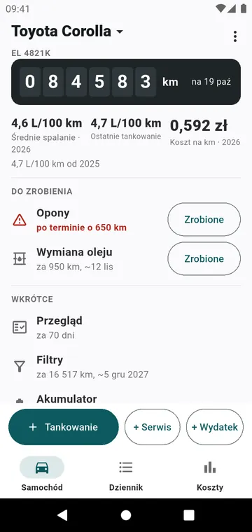 Ekran Samochód: przebieg, spalanie, koszt kilometra, co jest do zrobienia