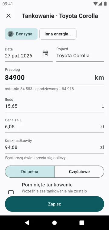 Tankowanie: przebieg, ilość, cena, do pełna lub częściowe