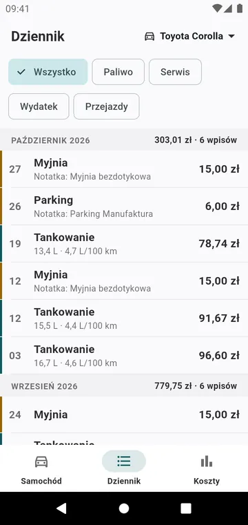Dziennik: tankowania, serwisy i wydatki miesiąc po miesiącu