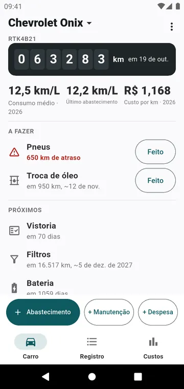 A tela Carro: hodômetro, consumo, custo por km, o que está vencendo