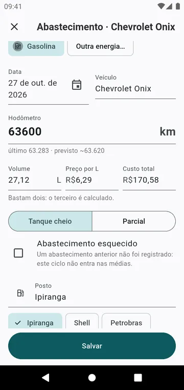 Um abastecimento: hodômetro, volume, preço, tanque cheio ou parcial