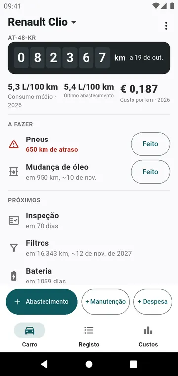 O ecrã Carro: conta-quilómetros, consumo, custo por km, o que está para vencer