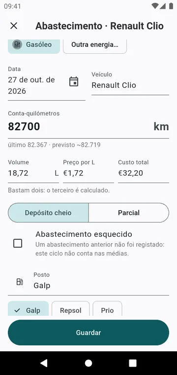 Um abastecimento: conta-quilómetros, volume, preço, depósito cheio ou parcial