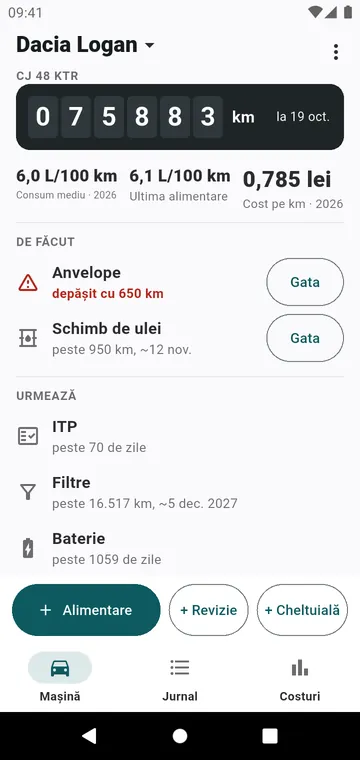 Ecranul Mașină: kilometraj, consum, cost pe km, ce e scadent