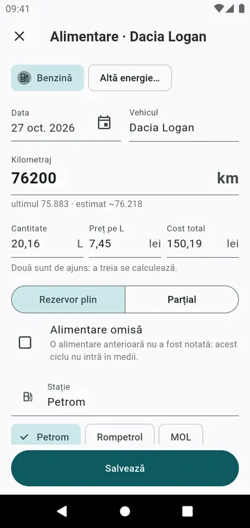 O alimentare: kilometraj, cantitate, preț, rezervor plin sau parțial
