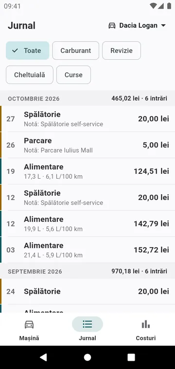 Jurnalul: alimentări, revizii și cheltuieli lună de lună