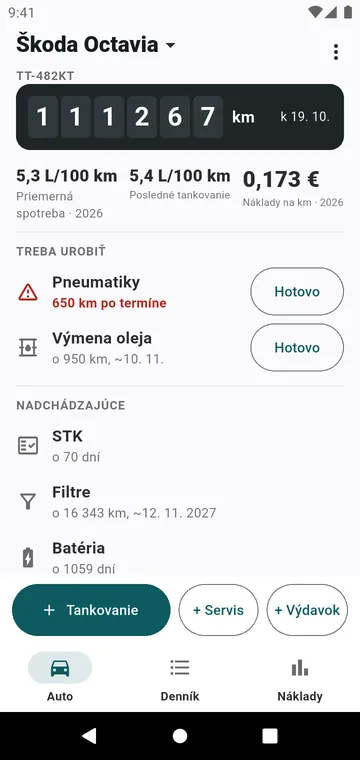 Obrazovka Auto: tachometer, spotreba, cena za km, čo je na rade