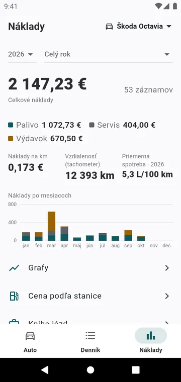Náklady za rok podľa druhu a po mesiacoch a cena za kilometer