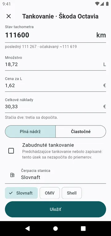 Tankovanie: tachometer, množstvo, cena, plná nádrž alebo čiastočné