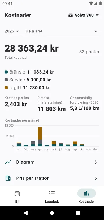 Årets kostnader, efter typ och per månad, och kostnaden per kilometer