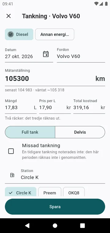 En tankning: mätarställning, mängd, pris, full tank eller delvis
